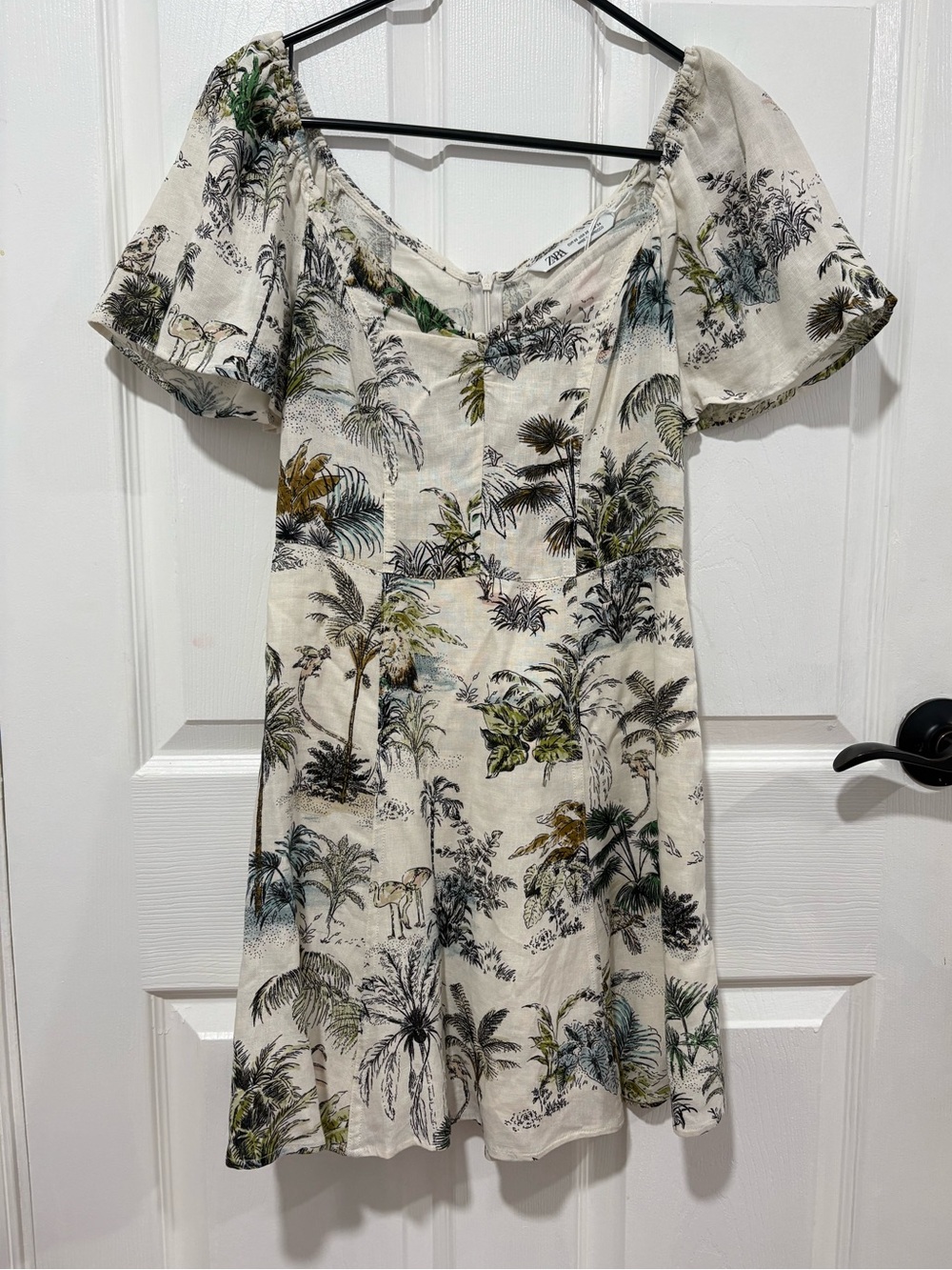 Zara Women's Tropical Print Short Dress - Cream/Green
